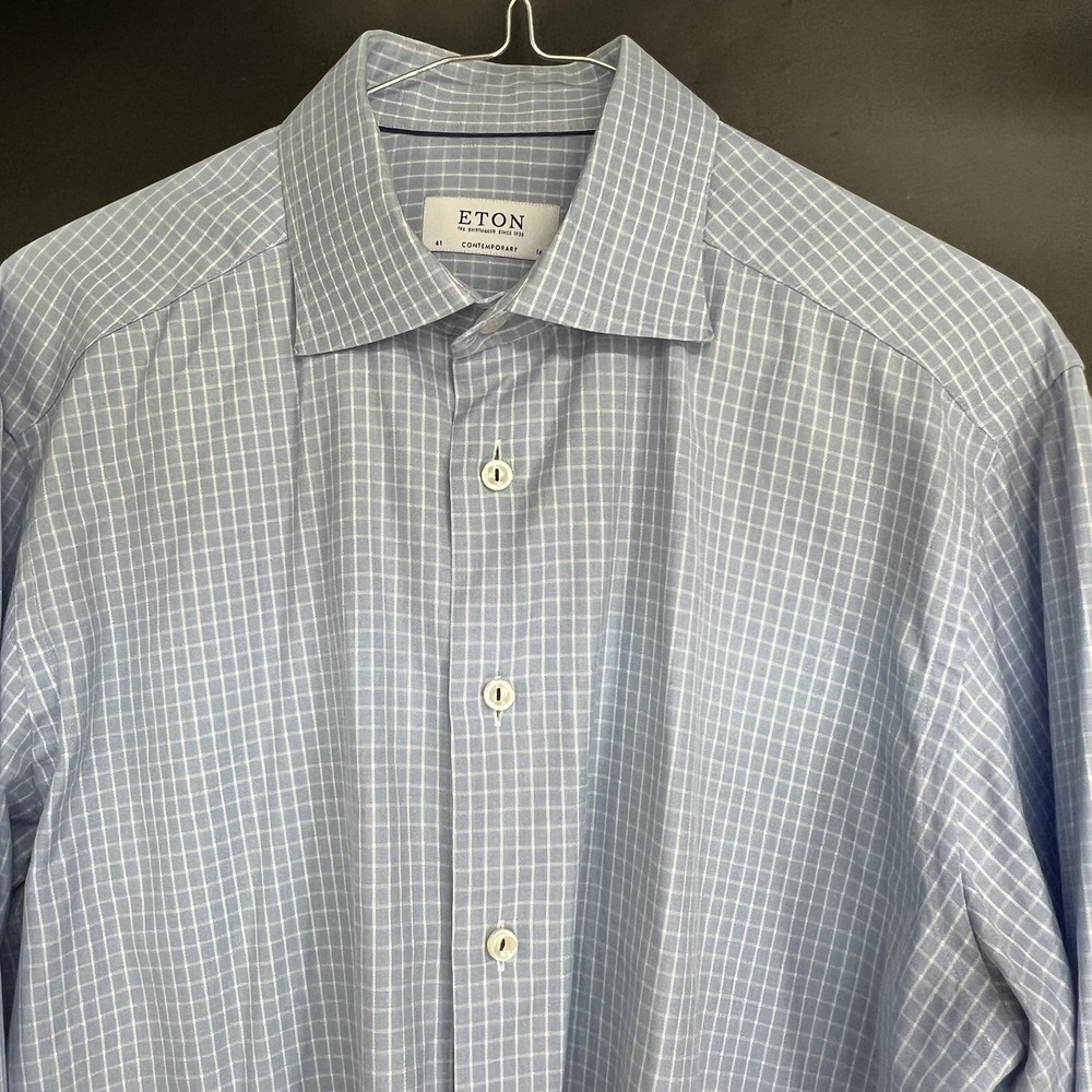 ETON Contemporary Fit Button Up Dress Shirt Blue Check Large Size 41 16